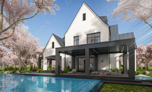 Photography 3d rendering of cute cozy white and black modern Tudor style house with parking  and pool for sale or rent