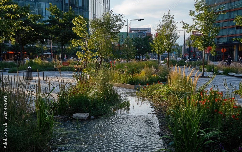 Rewilded urban plaza with rain gardens and sustainable drainage ...