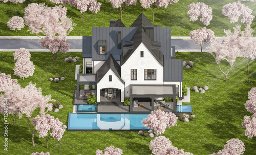 Photography 3d rendering of cute cozy white and black modern Tudor style house with parking  and pool for sale or rent