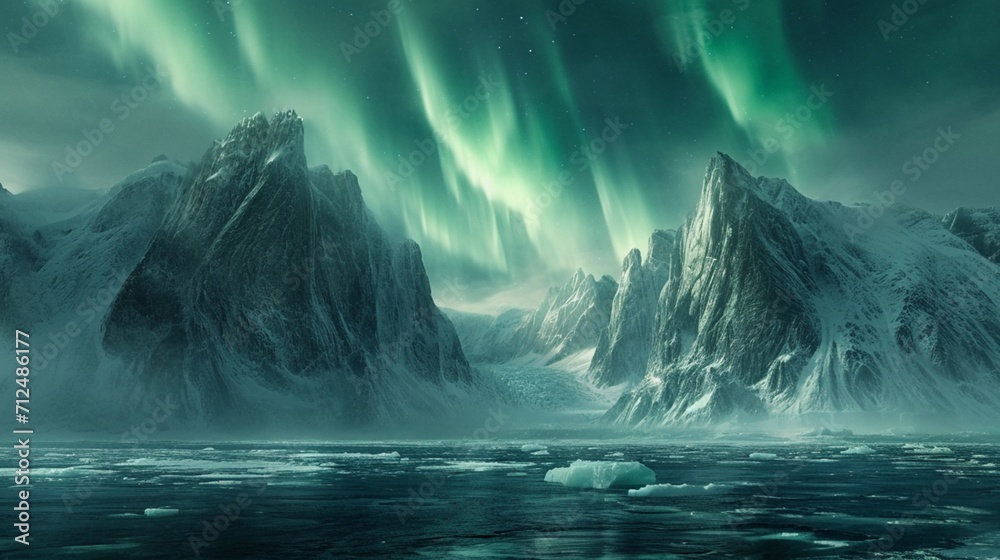 A frozen fjord surrounded by towering cliffs, where jagged ice formations create a surreal seascape, and the northern lights cast a vibrant glow over the icy expanse.
