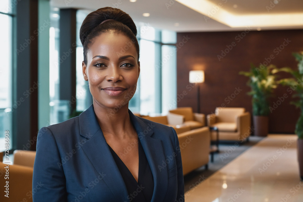 portrait of middle age black businesswoman in modern hotel lobby - obrazy, fototapety, plakaty 