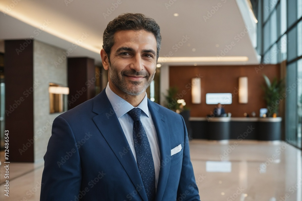 Fototapeta premium portrait of middle age middle eastern businessman in modern hotel lobby