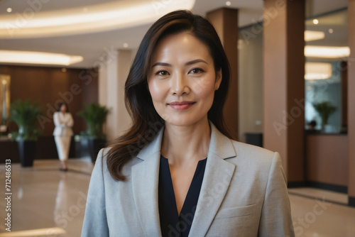 portrait of middle age east asian businesswoman in modern hotel lobby