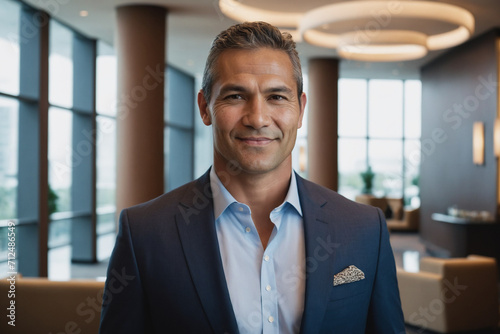 portrait of middle age indigenous businessman in modern hotel lobby photo