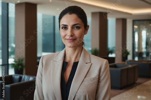 portrait of middle age middle eastern businesswoman in modern hotel lobby
