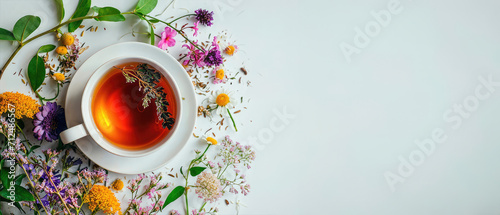 Creative layout made of cup of tea, green tea, black tea, fruit and herbal, tea on white background. photo