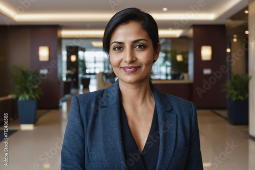 portrait of middle age south asian businesswoman in modern hotel lobby photo