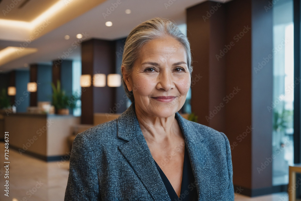 portrait of old age indigenous businesswoman in modern hotel lobby portrait of old age indigenous businesswoman in modern hotel lobby