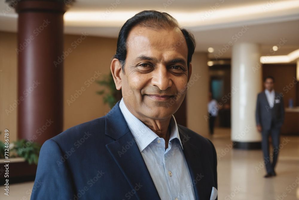 portrait of old age south asian businessman in modern hotel lobby