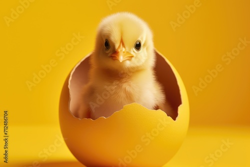 Cute little chick crawling out of a white egg isolated on a studio dark background. Easter photo