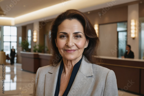 portrait of old age middle eastern businesswoman in modern hotel lobby