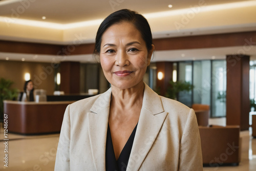 portrait of old age pacific islander businesswoman in modern hotel lobby photo