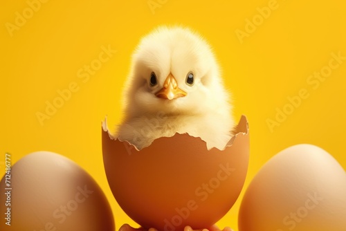 Cute little chick crawling out of a white egg isolated on a studio dark background. Easter