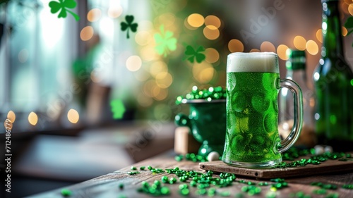 Traditional serving for St. Patrick's Day: festive green beer mug with frothy beer Bottle of beer, pot of gold, scattered shamrocks on a wooden surface and greenery in the foreground