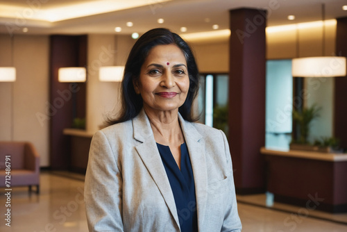 portrait of old age south asian businesswoman in modern hotel lobby