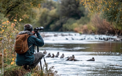 Riverside Birding Expedition: A birder along a riverbank, equipped with a spotting scope, enjoying the diverse avian life along the water's edge.