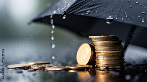 financial security and business profit, featuring currency, protective elements like a shield or umbrella, and possibly graphs or charts illustrating growth or insurance concepts. photo