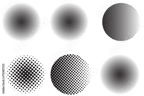 Halftone effect design. Set of Abstract dotted circles, round halftones geometric dots on white background. Dotted, spots effect,  halftone Illustration. 