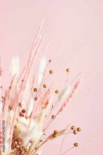 White and pink dried flowers of cotton, ears and flax on a pink background, copy space. Concept: postcard or holiday greetings