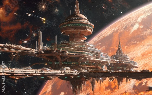 Futuristic Space Station Orbiting a Distant Planet
