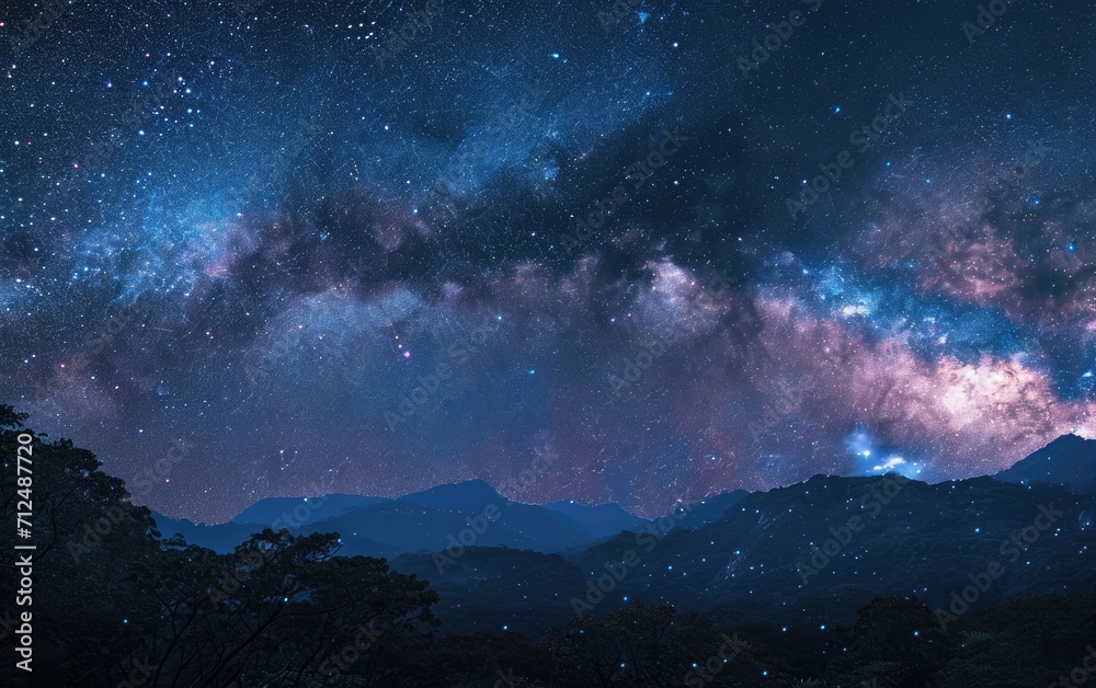 The night sky is filled with numerous twinkling stars and fluffy clouds, creating a beautiful celestial scene.