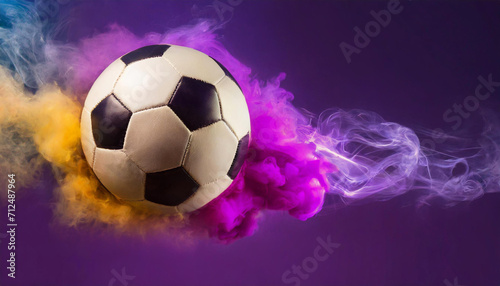 football with colorful smoke isolated on clean purple dark background  space for text