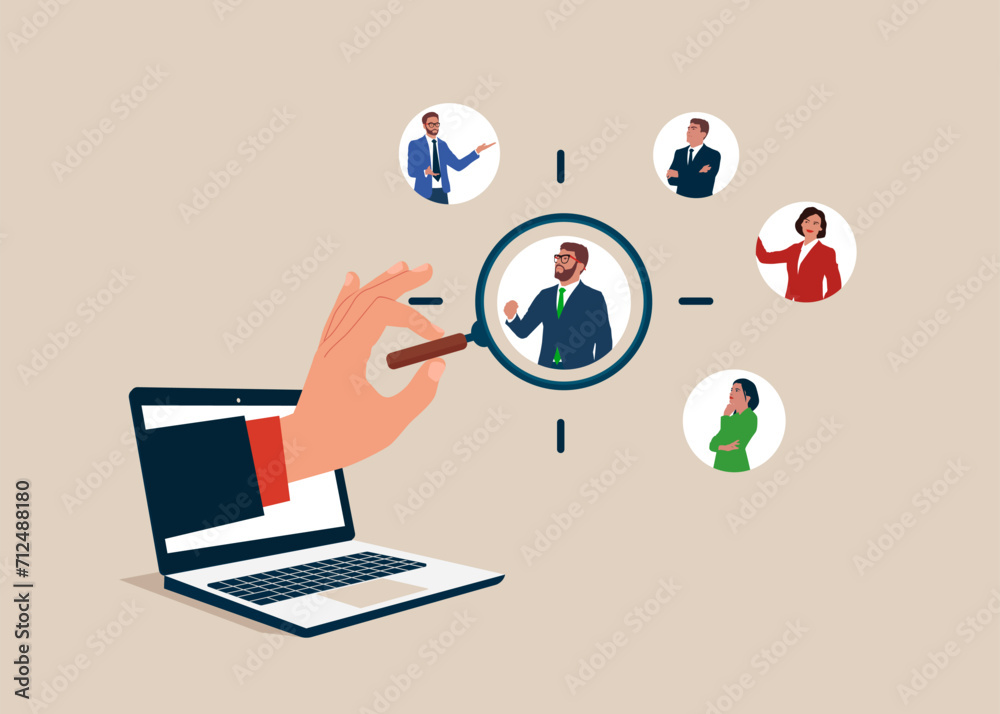 Hand with magnifying glass focus on online customer. Flat vector illustration
Hand with magnifying glass focus on online customer. Flat vector illustration