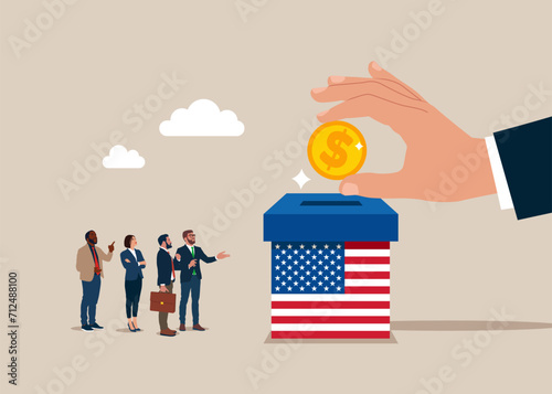 Financing United States of America. Hand putting coin a piggy bank money savings box USA. Modern vector illustration in flat style