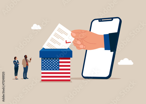 Online voting in United States of America, . Hand putting paper ballots to USA election box. Vector illustration