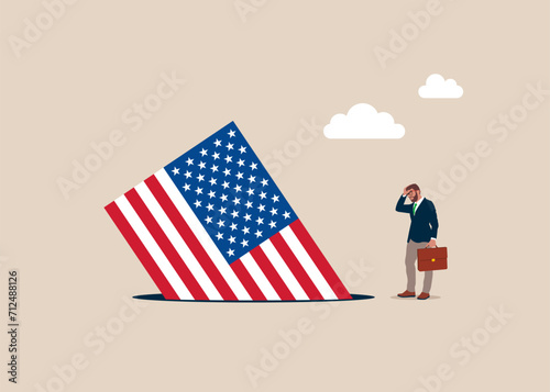 Flag United States of America fell into a pit. Crisis in USA. Symbol of crisis, recession, downfall and stock market crash. Vector illustration concept.