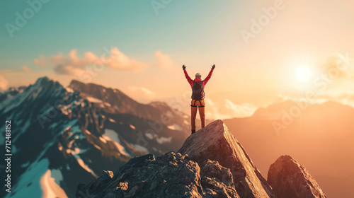 A hiker stands victorious on the summit of a mountain, arms raised in triumph against the backdrop of a breathtaking sunrise.