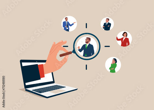 Hand with magnifying glass focus on online customer. Flat vector illustration
