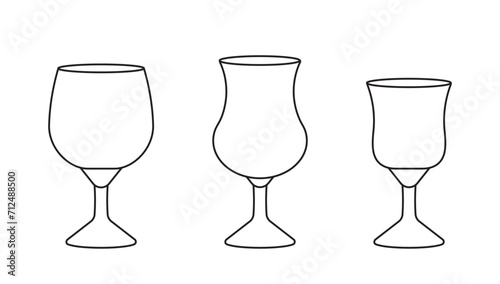 Set of various glasses for alcohol and non alcohol drinks in outline style on white background for icons, posters, patterns, webs, apps, wrapping