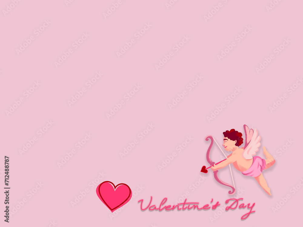 Cupid and heart with legend Happy Valentine's Day for February 14 with matching background