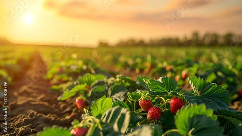 Strawberries growing in rows with the setting sun casting a warm light across the farm, epitomizing rural serenity