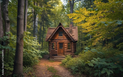 A rustic log cabin hidden among tall trees in the tranquil forest