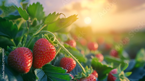 The day breaks over a strawberry field  highlighting the fruits  vibrant color and dewy texture. Copy space