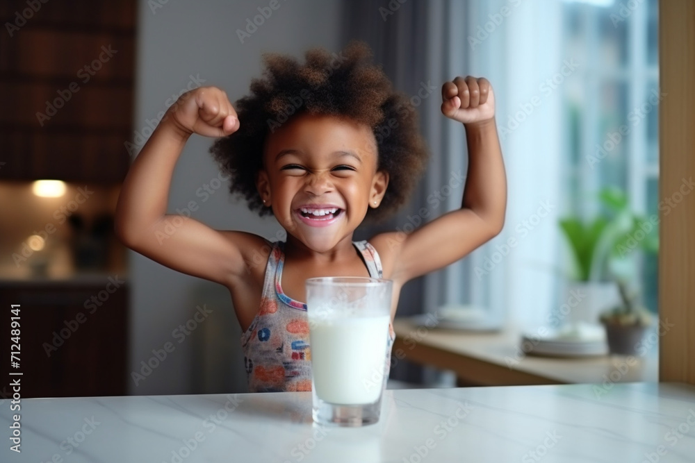 Milk, portrait and African girl with muscle from healthy drink for energy, growth and nutrition in the kitchen. Happy, smile and child flexing muscles from calcium in a glass and care for health  - obrazy, fototapety, plakaty 