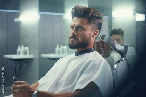 Modern man doing his personal hygiene in bathroom, doing haircut 