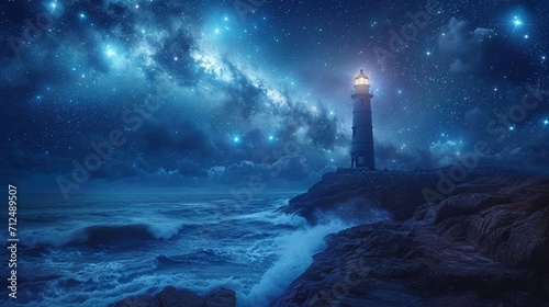 A lone lighthouse standing proudly on a rocky outcrop  guiding ships through the night as waves crash against the rugged shore under a starlit sky