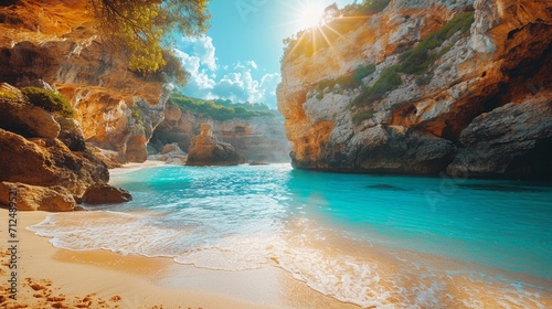 A hidden cove with golden sands embraced by towering cliffs, where gentle waves invite a peaceful moment of solitude amid the untouched beauty of nature