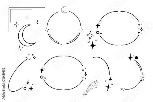 Set star sparkle silhouette celestial line frames abstract shape borders isolated on white background. Collection futuristic dividers hipster design elements