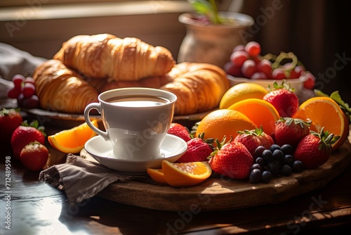Close-up capture showcasing an artfully arranged continental breakfast, featuring vibrant fresh fruits, delectable pastries, and steaming cup of coffee