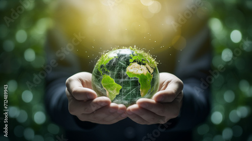 Environmental technology concept. Sustainable development goals. SDGs. Green Earth with Environment icons. Saving the environment, and environmentally sustainable. Environment World Earth Day