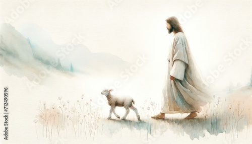 Digital painting of Jesus Christ walking with a lamb in the meadow.