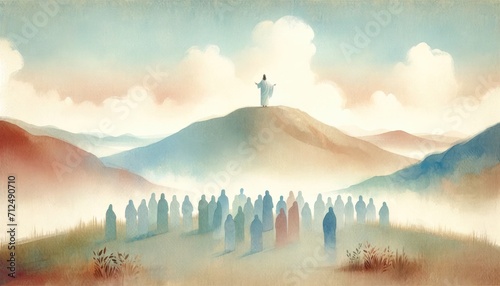 Ministry of Jesus. Silhouette of Jesus standing on top of a mountain and preaching to the crowd. Watercolor painting.	 photo