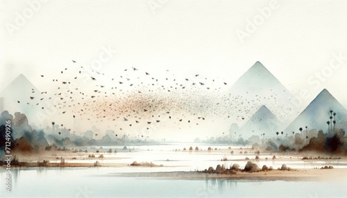 The Plagues of Egypt. Watercolor illustration of Egypt pyramids and the locusts flying over the Nile. photo