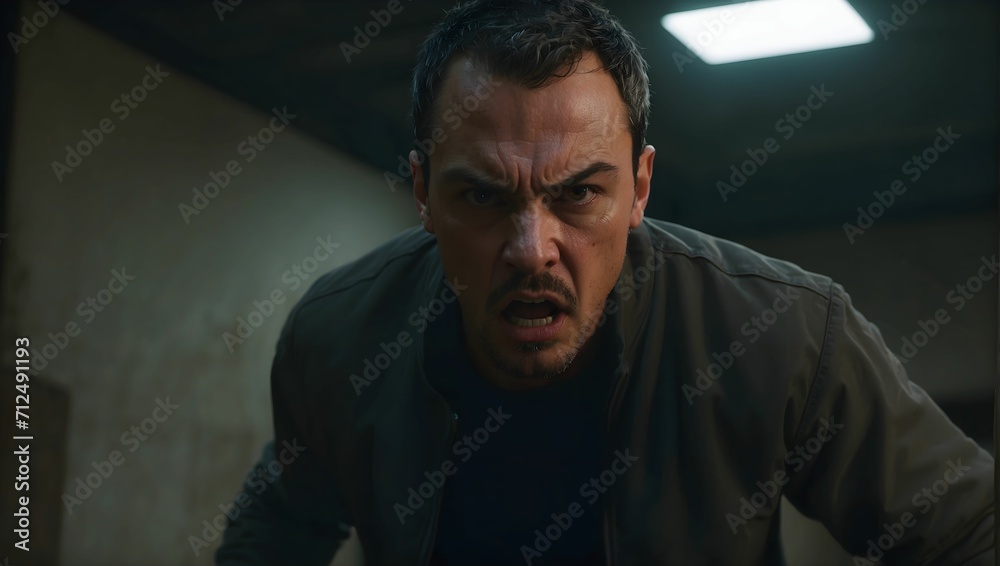 A man with furrowed brows and clenched fists, his face contorted with stress as he paces back and forth in a dimly lit room. generative AI