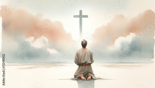 Man kneeling and praying in front of the cross. Digital watercolor painting. photo