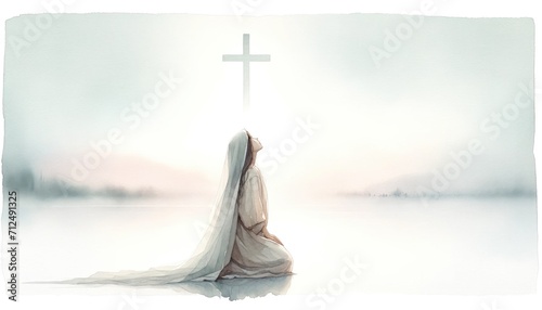 Mary kneeling and looking at the cross in the sky. Digital watercolor painting. photo